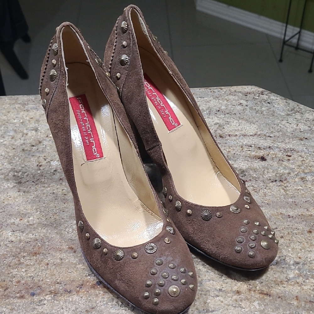 Fornarina Brass Studded Brown Suede Heels Size EU39 / US 8